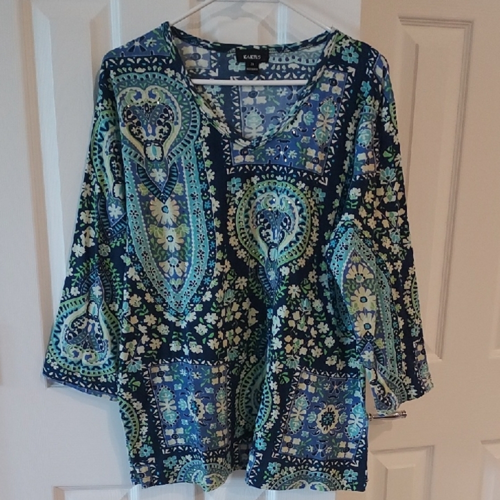 Kaktus Blue and Green Patterned Blouse